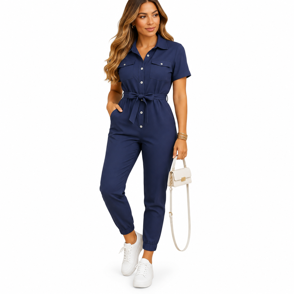 Women's striped tailored jumpsuit with button closure