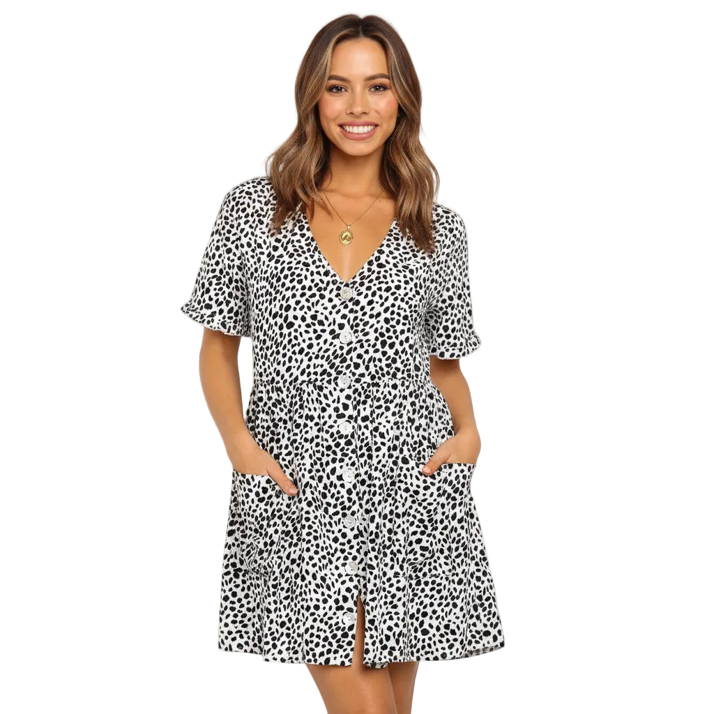Women's V neck printed mini dress front view