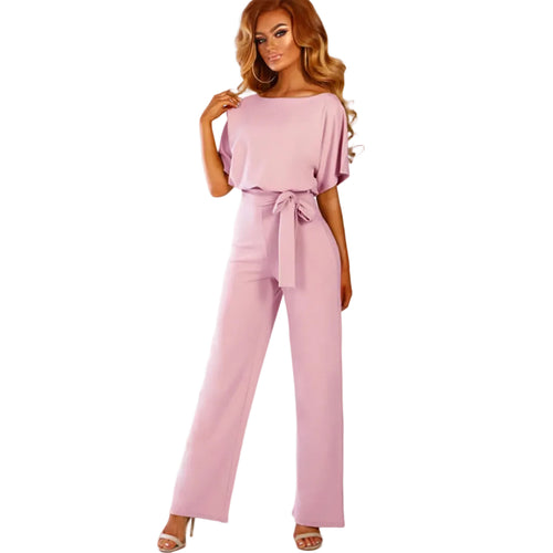 Women's wide leg jumpsuit with adjustable tie waist
